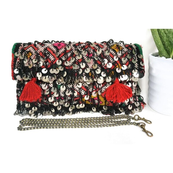 Moroccan Vintage Kilim Bag: Handmade Sequins Crossbody Purse - Picture 8 of 9